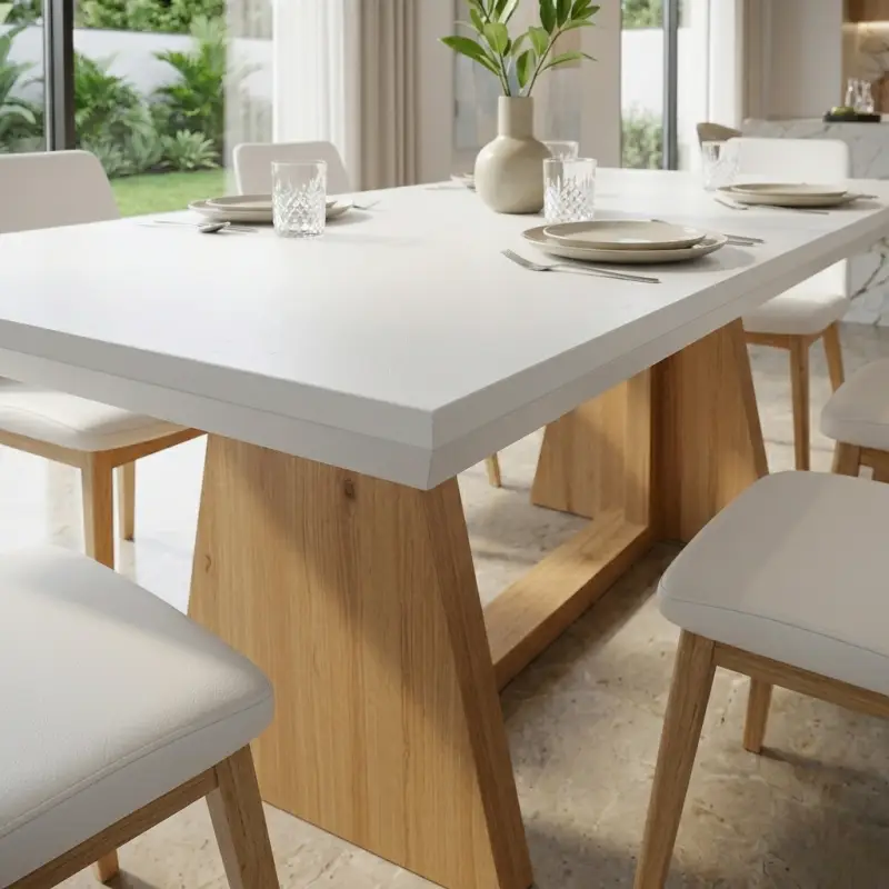 Meja Makan Kayu Scandinavian White Top Trapezoid Base [4]