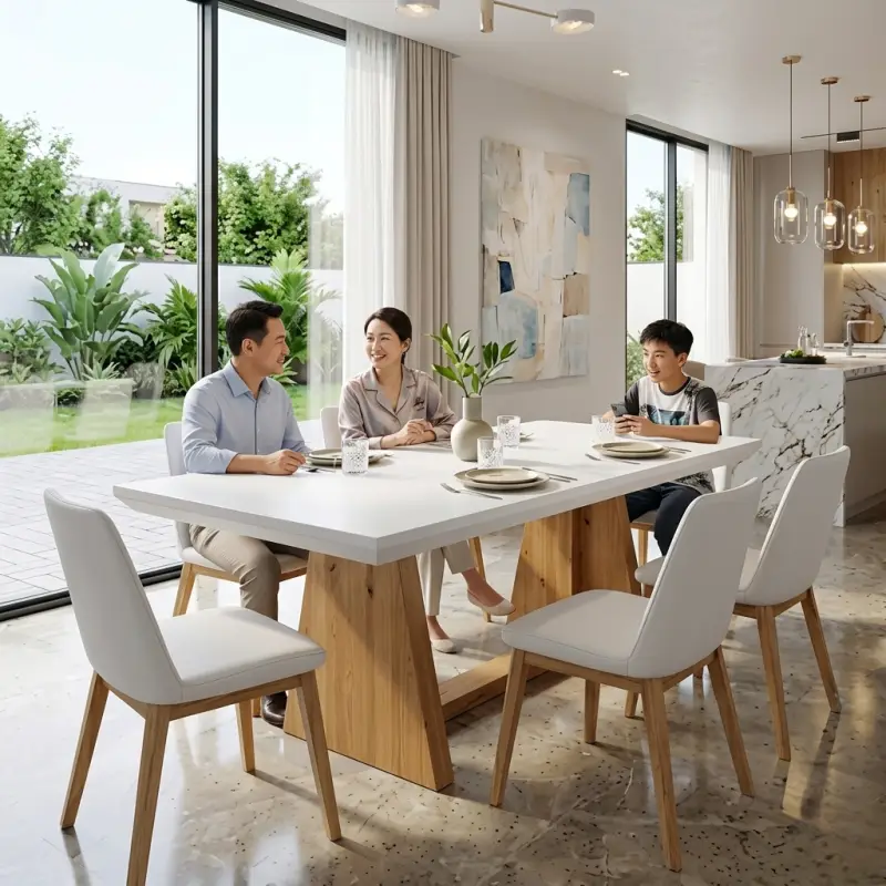 Meja Makan Kayu Scandinavian White Top Trapezoid Base [5]