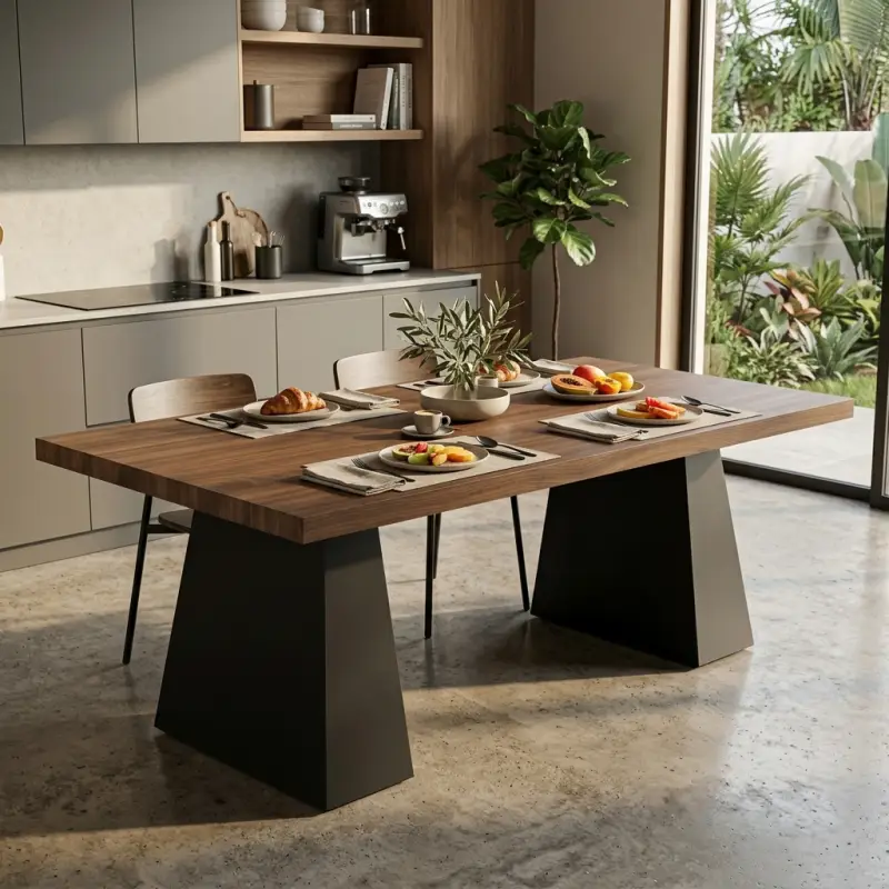 Meja Makan Top Kayu Kaki Trapesium Metal Hitam [3]