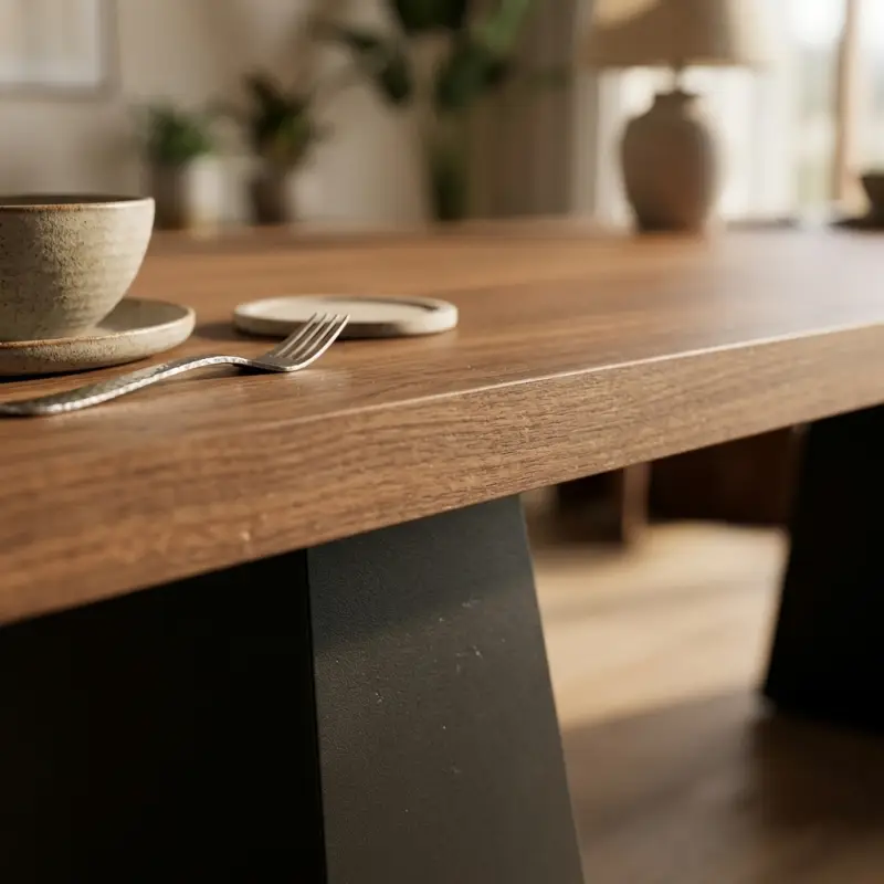 Meja Makan Top Kayu Kaki Trapesium Metal Hitam [5]