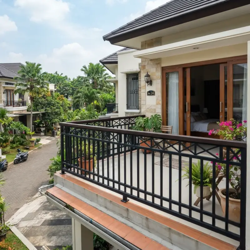 Railing Balkon Besi Motif X dengan Handrail Kayu [2]
