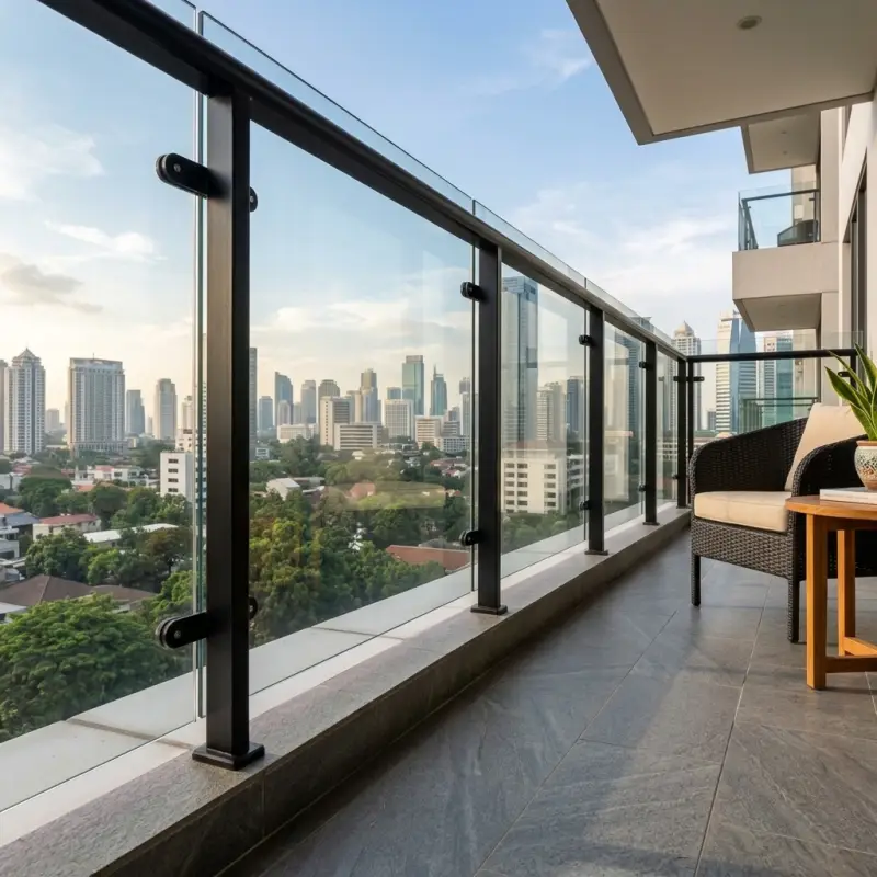 Railing Balkon Kaca Tempered Frame Besi Hollow Finishing Powder Coat [3]