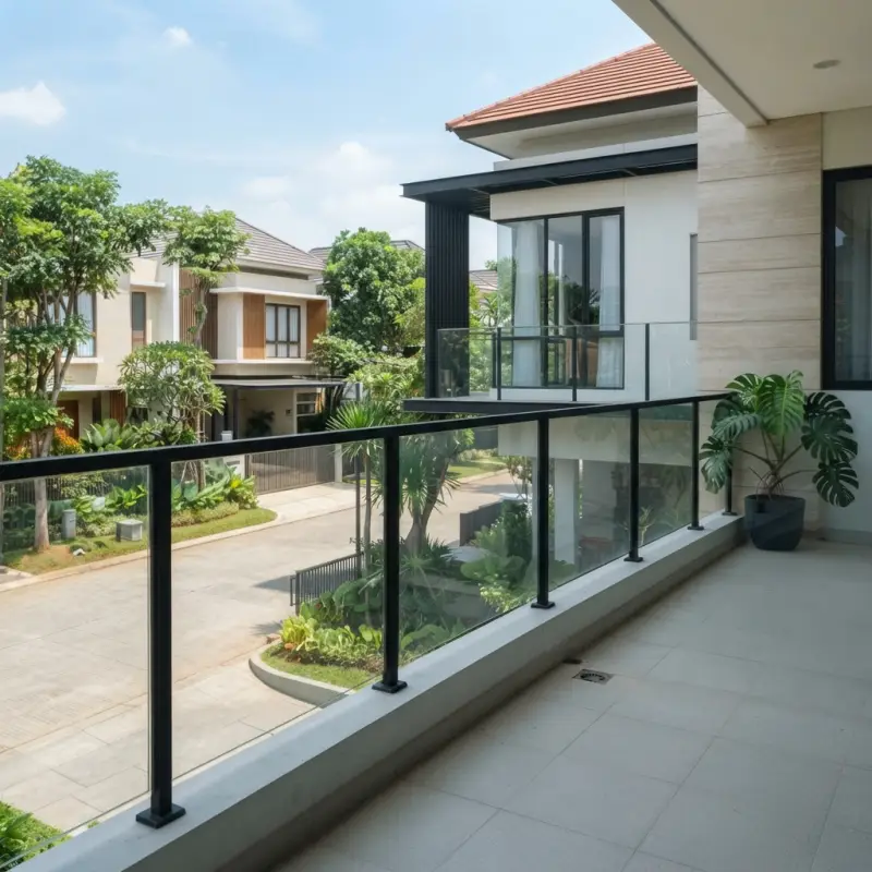 Railing Balkon Kaca Tempered Rangka Besi Hollow Finishing Powder Coat [2]
