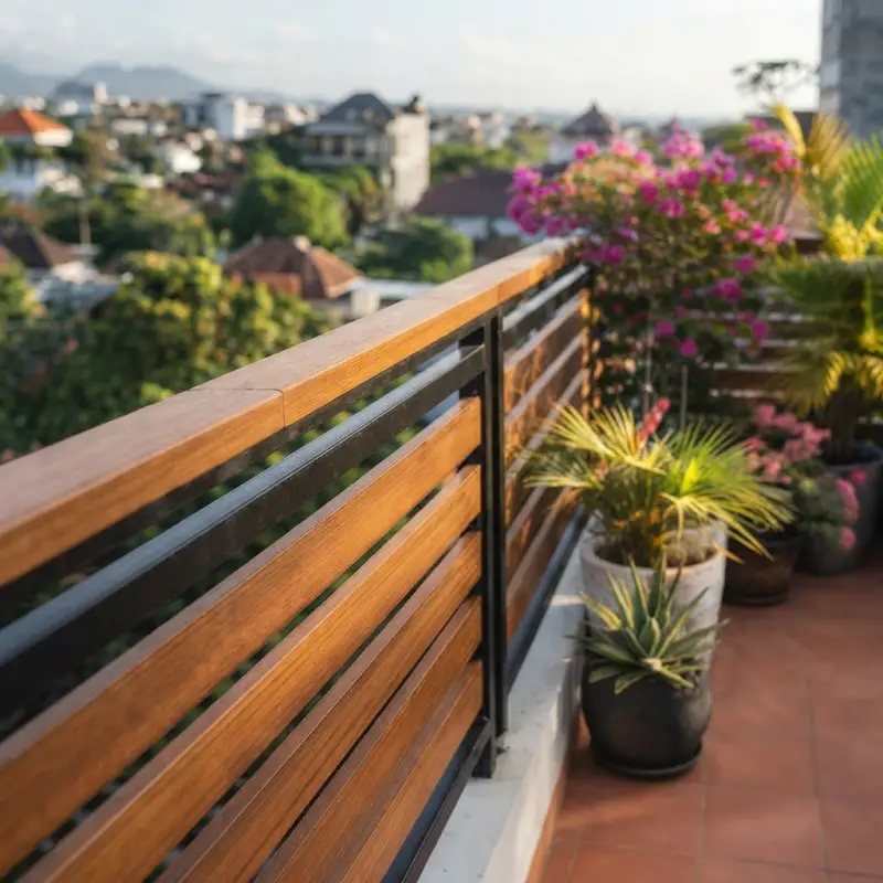 Railing Balkon Kayu dan Besi Hollow Motif Horizontal [2]