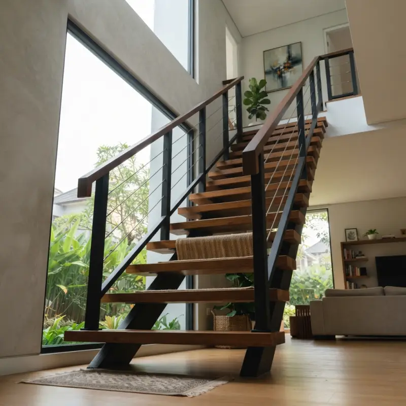 Railing Tangga Besi Hollow Kayu Solid Desain Open Staircase [4]
