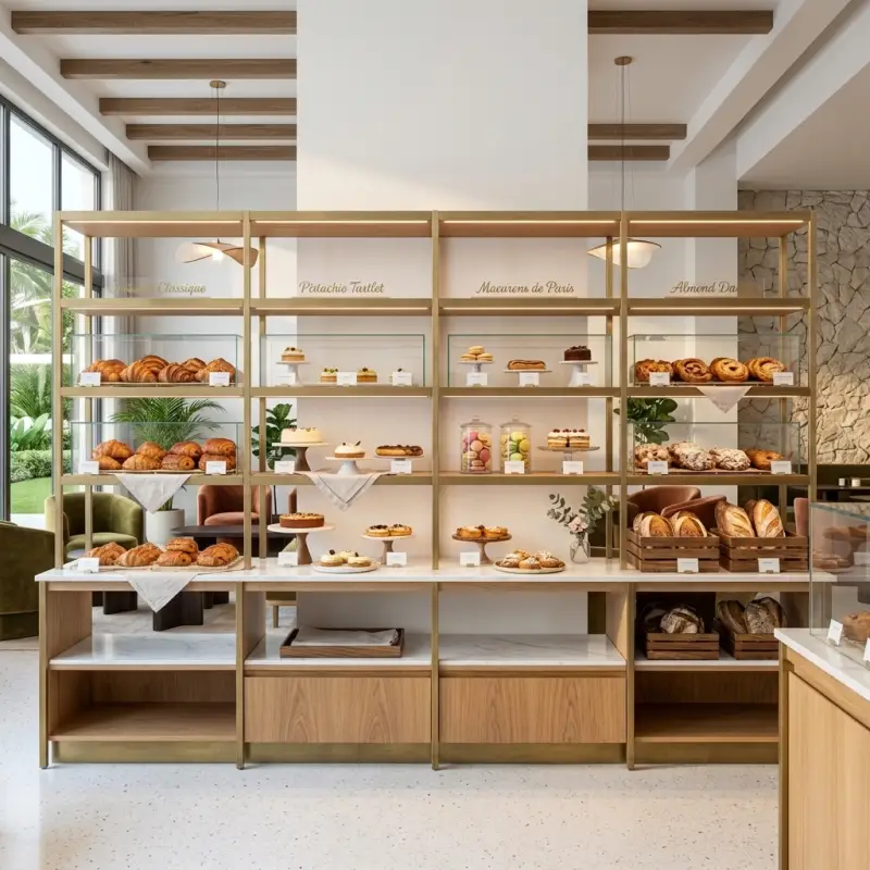 Rak Display Bakery Rangka Besi Finishing Brass dengan Kabinet Kayu [4]