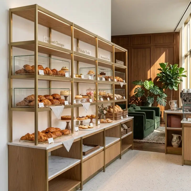 Rak Display Bakery Rangka Besi Finishing Brass dengan Kabinet Kayu [5]