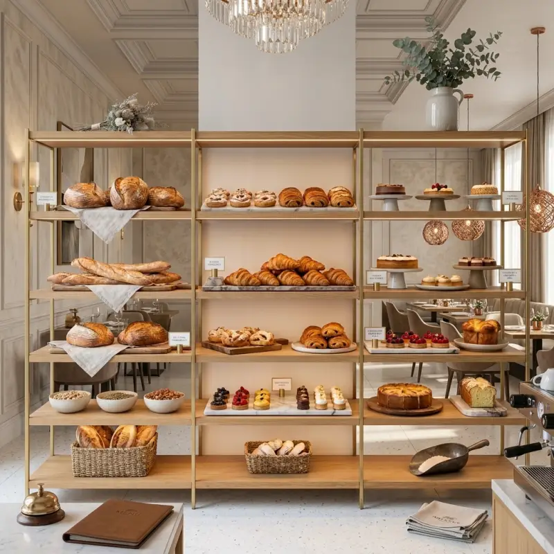 Rak Display Bakery Rangka Besi Finishing Gold dengan Rak Kayu [2]