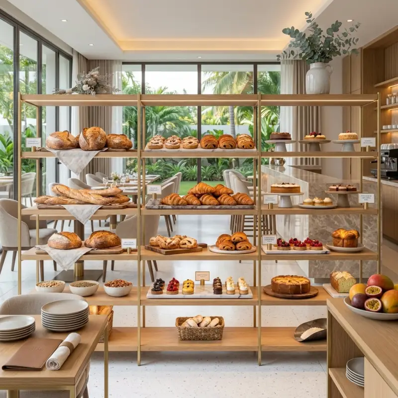 Rak Display Bakery Rangka Besi Finishing Gold dengan Rak Kayu [4]