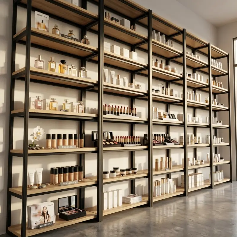 Rak Display Besi Kayu Gaya Industrial untuk Toko Kosmetik dan Retail [2]