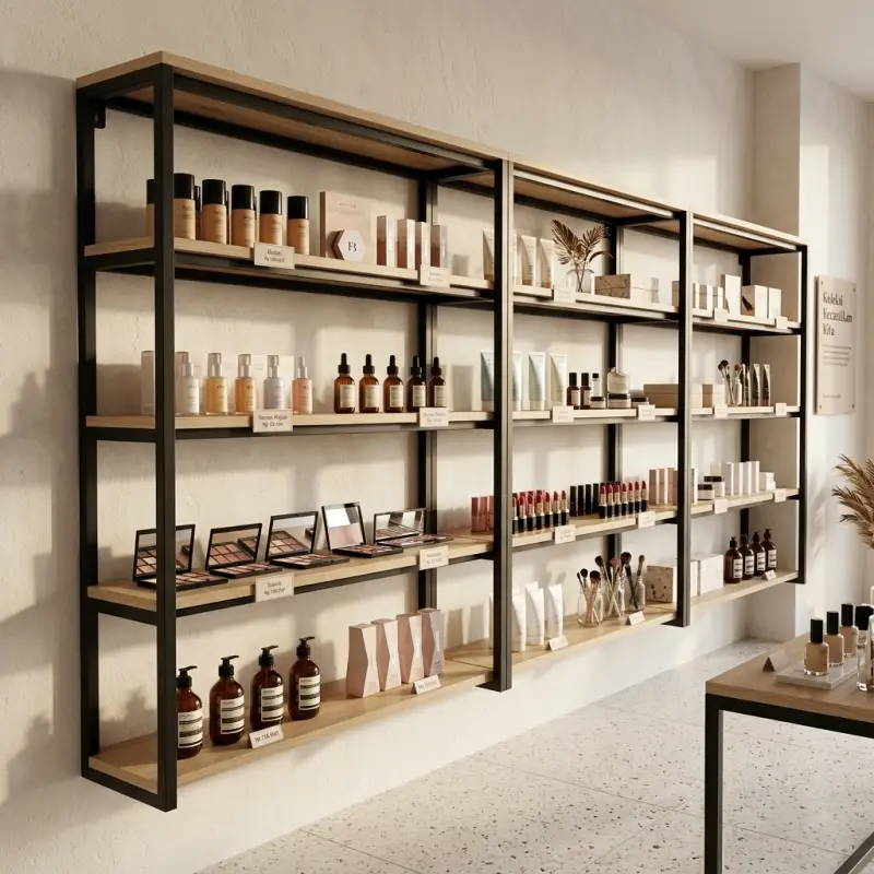 Rak Display Besi Kayu Gaya Industrial untuk Toko Kosmetik dan Retail [3]