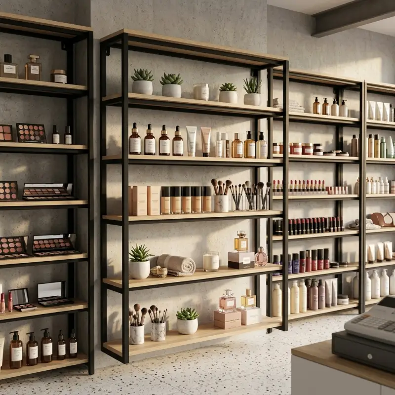 Rak Display Besi Kayu Gaya Industrial untuk Toko Kosmetik dan Retail [4]