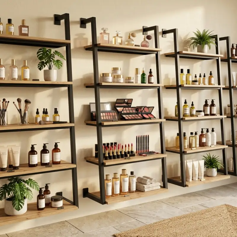 Rak Display Ladder Wall-Mount Rangka Besi Rak Kayu [3]