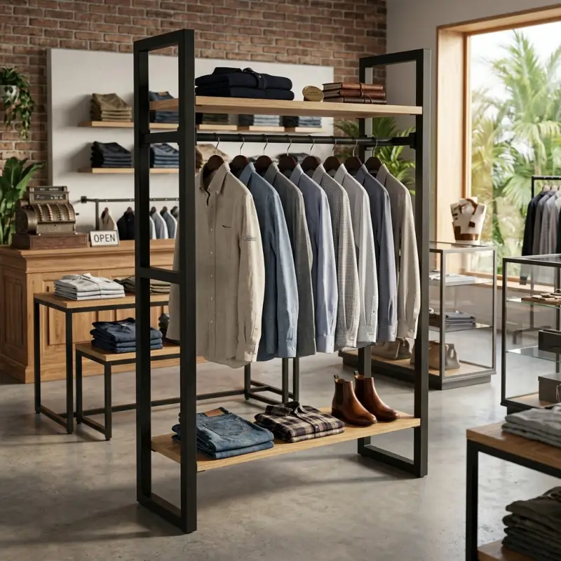 Rak Display Pakaian Besi Kayu Gantung Industrial [3]