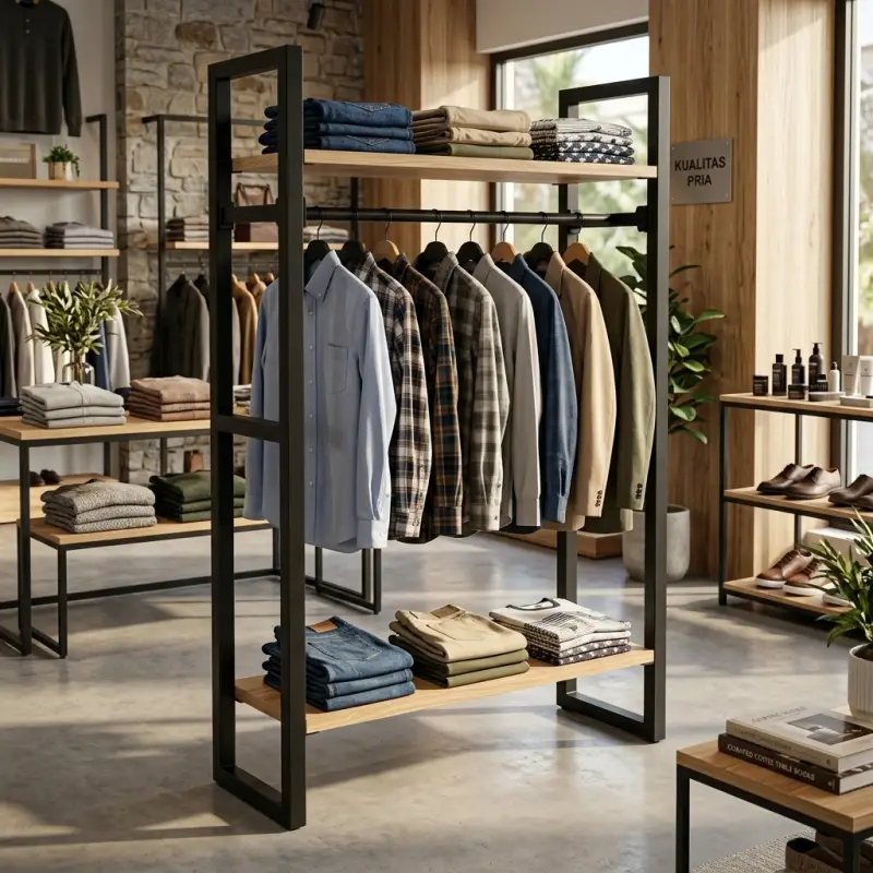 Rak Display Pakaian Besi Kayu Gantung Industrial [4]