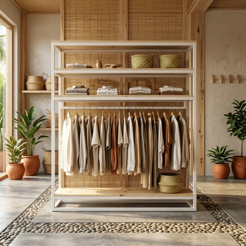 Rak Display Pakaian Besi Kayu Open Shelf dengan Hanging Rail [2]