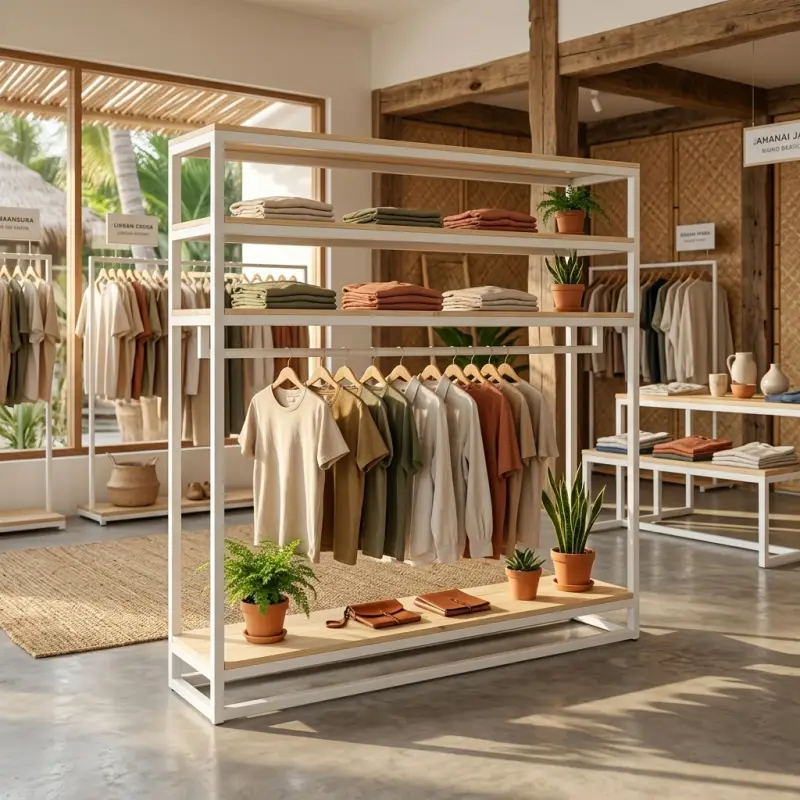 Rak Display Pakaian Besi Kayu Open Shelf dengan Hanging Rail [5]