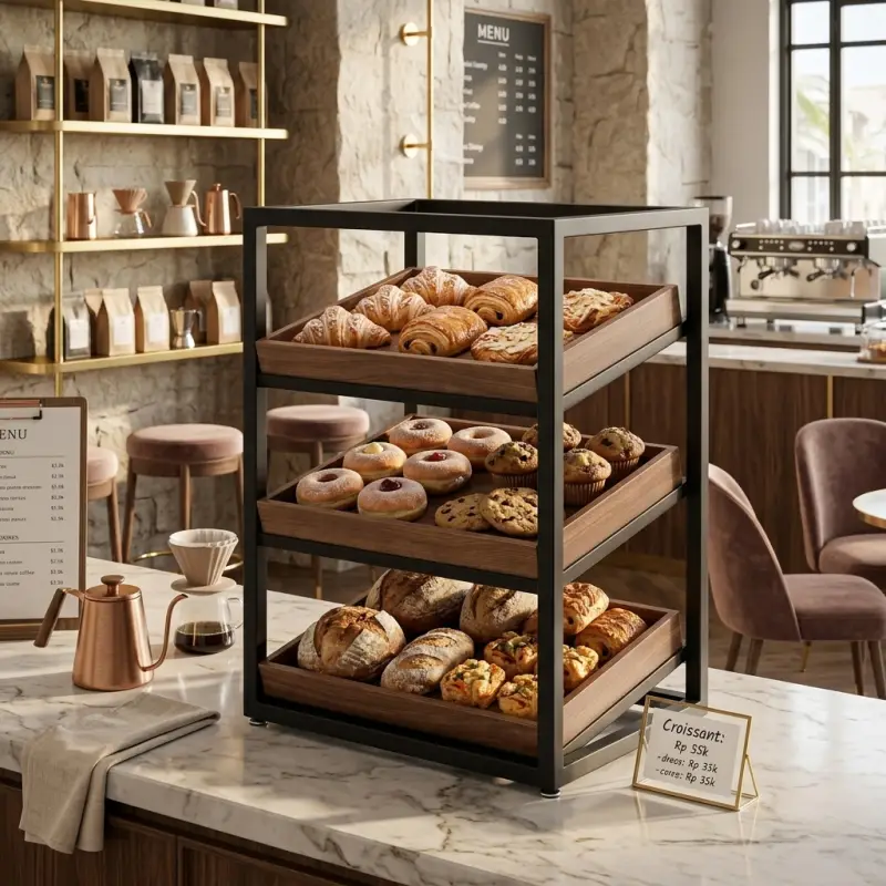 Rak Display Pastry 3 Tingkat Besi dan Kayu [3]