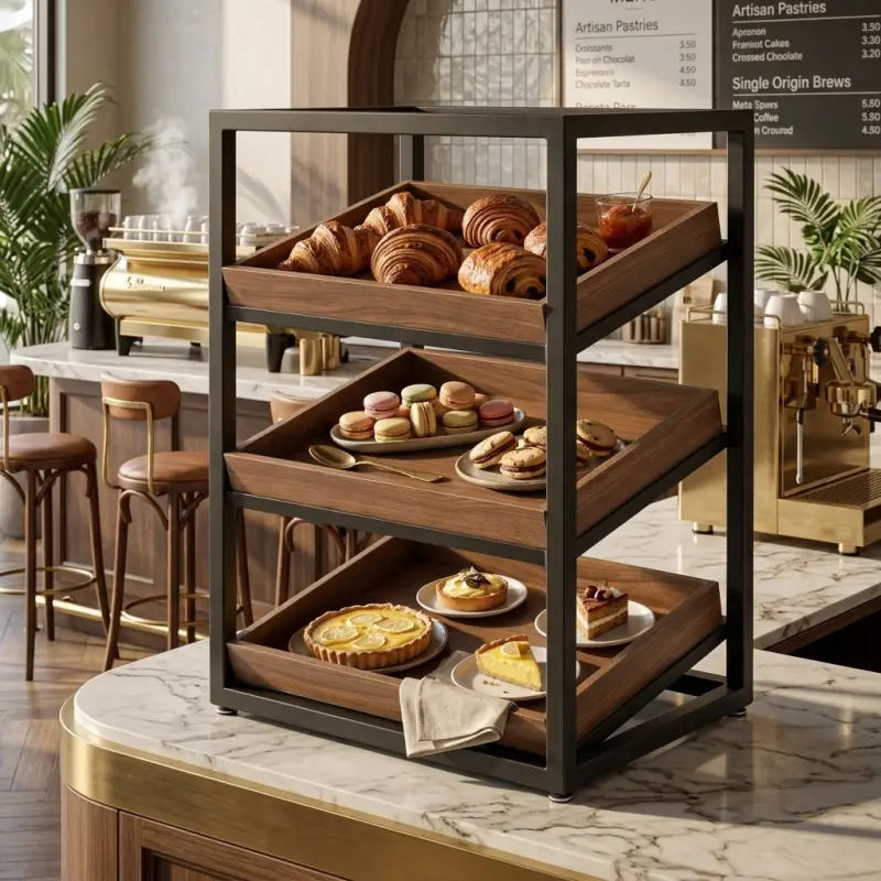 Rak Display Pastry 3 Tingkat Besi dan Kayu [4]