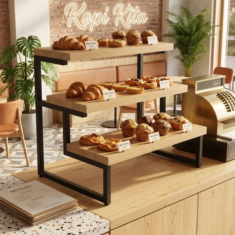 Rak Display Pastry 3 Tingkat Besi Kayu [2]