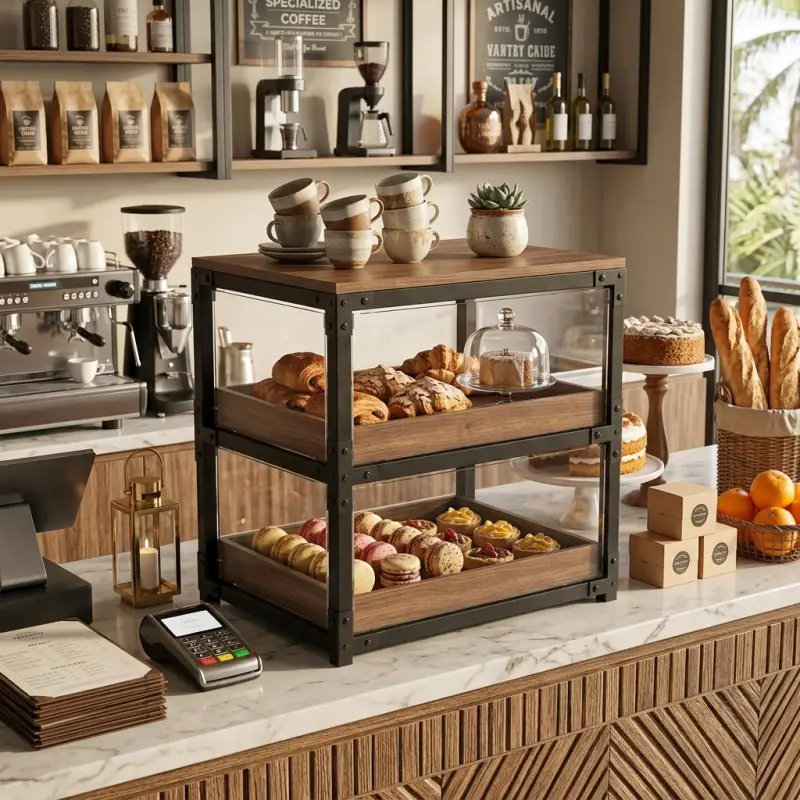 Rak Display Pastry Besi Kayu 2 Susun Kaca Akrilik [2]