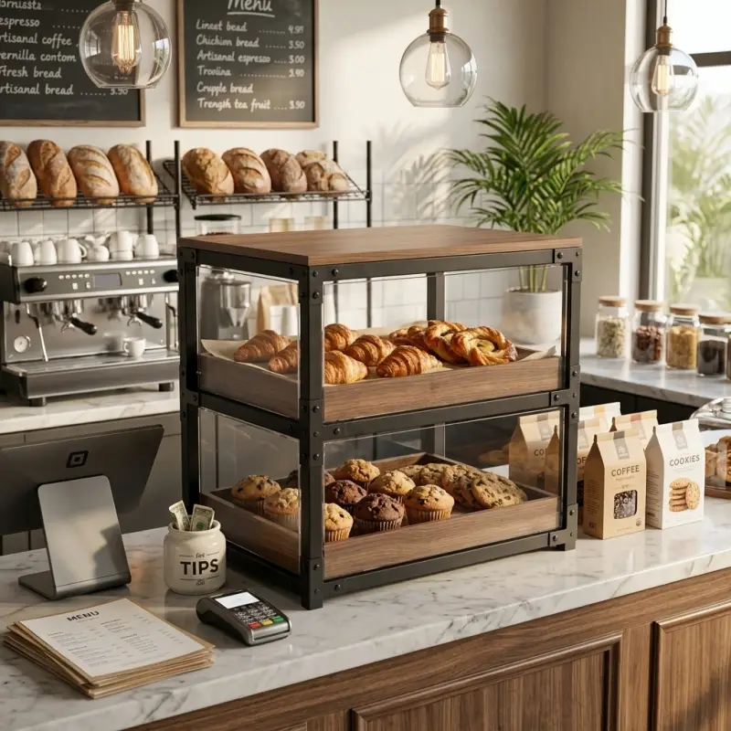 Rak Display Pastry Besi Kayu 2 Susun Kaca Akrilik [4]