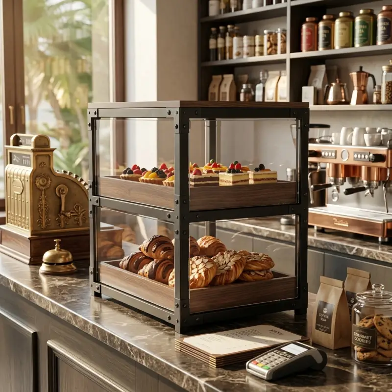 Rak Display Pastry Besi Kayu 2 Susun Kaca Akrilik [5]