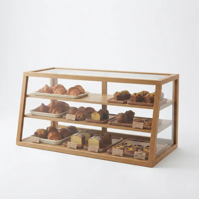 Rak Display Pastry Kayu 3 Susun dengan Kaca [1]