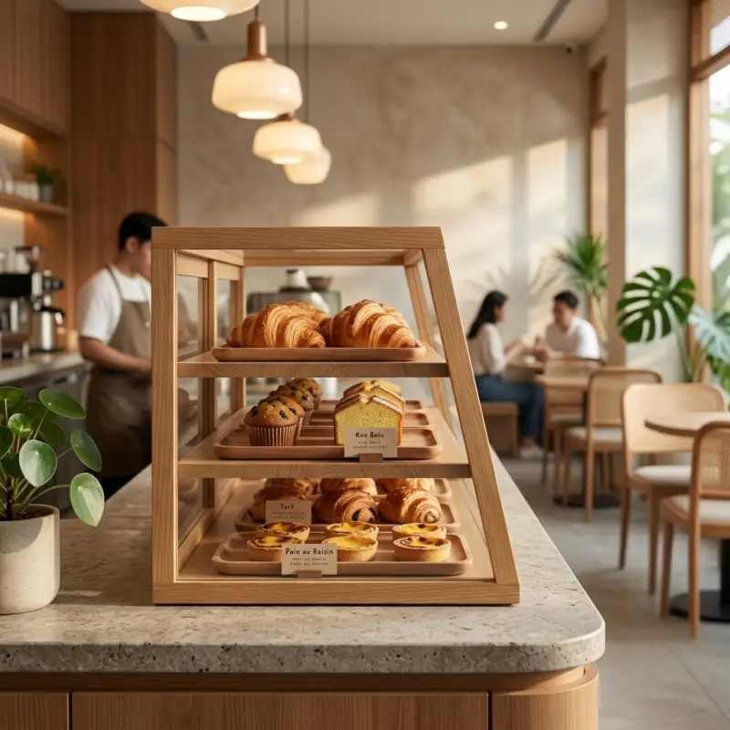 Rak Display Pastry Kayu 3 Susun dengan Kaca [3]