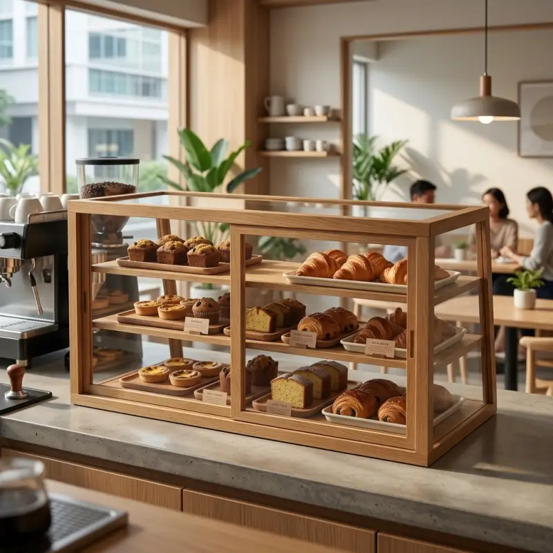Rak Display Pastry Kayu 3 Susun dengan Kaca [4]