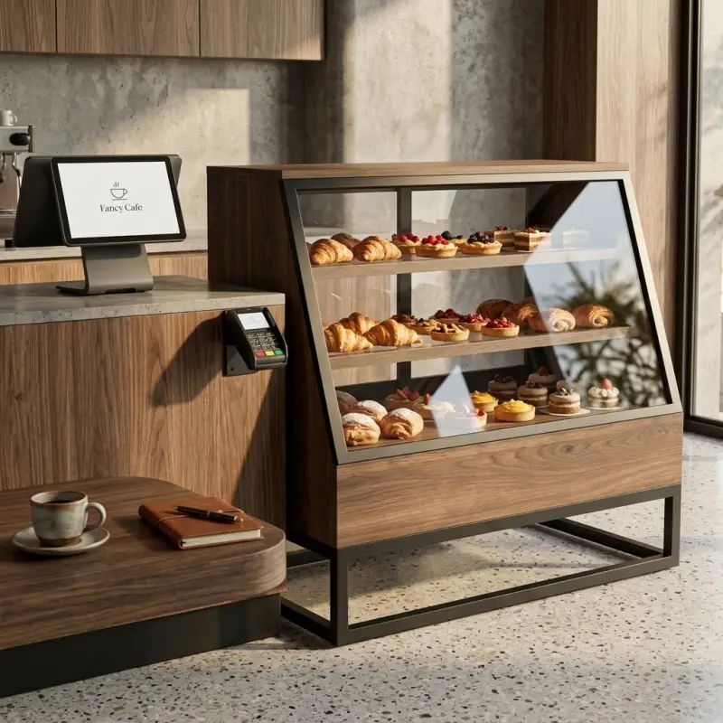 Rak Display Pastry Kayu Besi Kaca Miring [2]