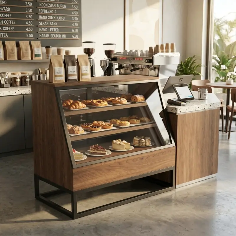 Rak Display Pastry Kayu Besi Kaca Miring [4]