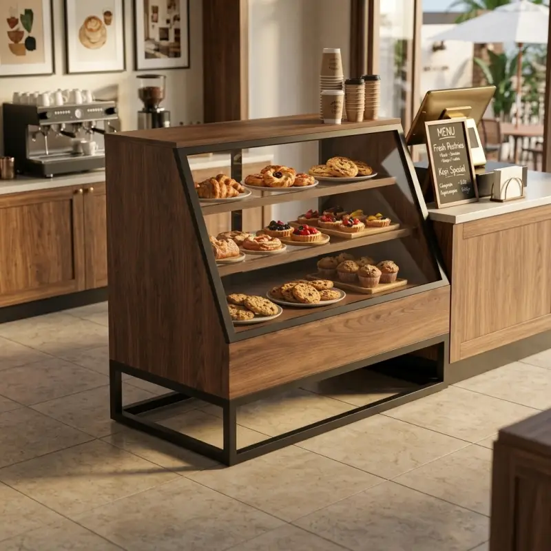 Rak Display Pastry Kayu Besi Kaca Miring [6]