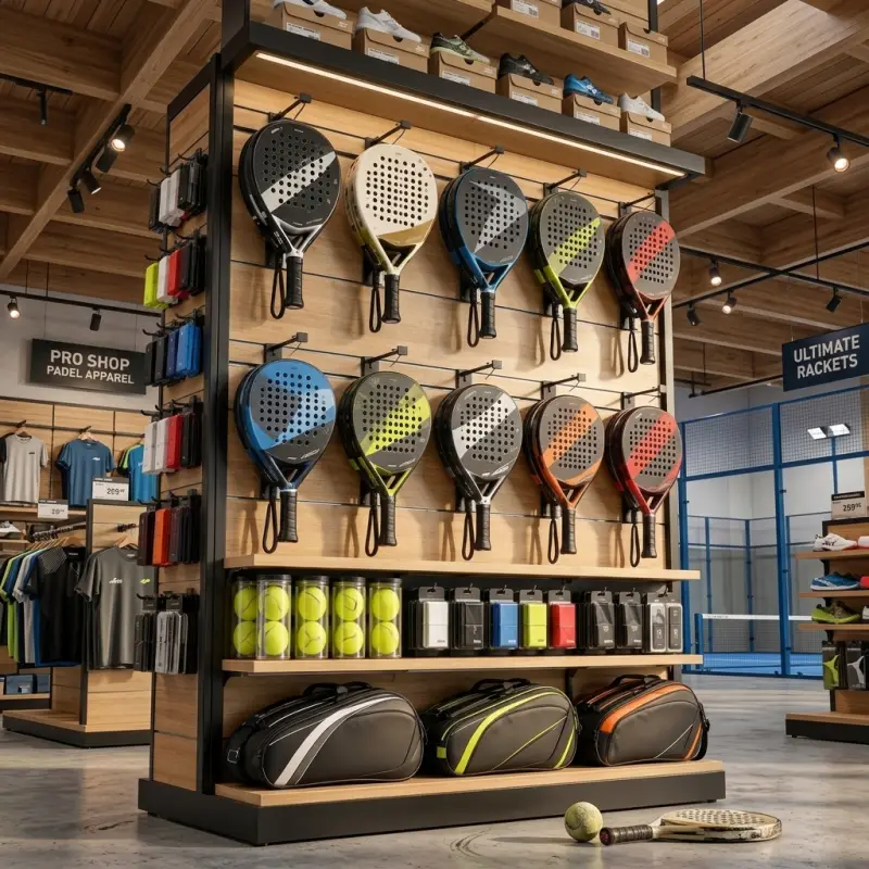 Rak Display Raket Padel Rangka Besi Panel Kayu [2]