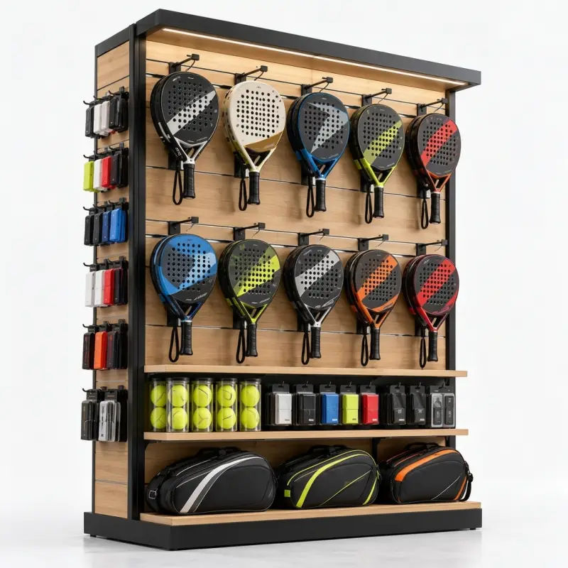 Rak Display Raket Padel Rangka Besi Panel Kayu [5]