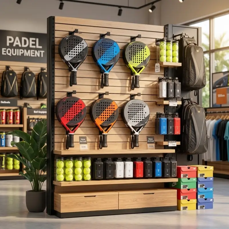 Rak Display Raket Padel Slatwall Panel Kayu dan Besi [3]