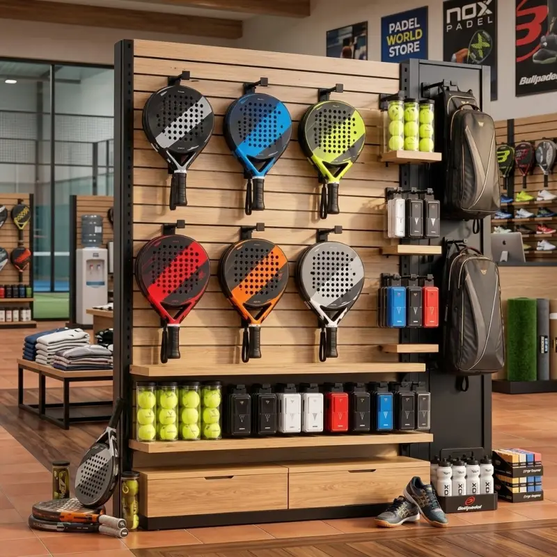 Rak Display Raket Padel Slatwall Panel Kayu dan Besi [4]