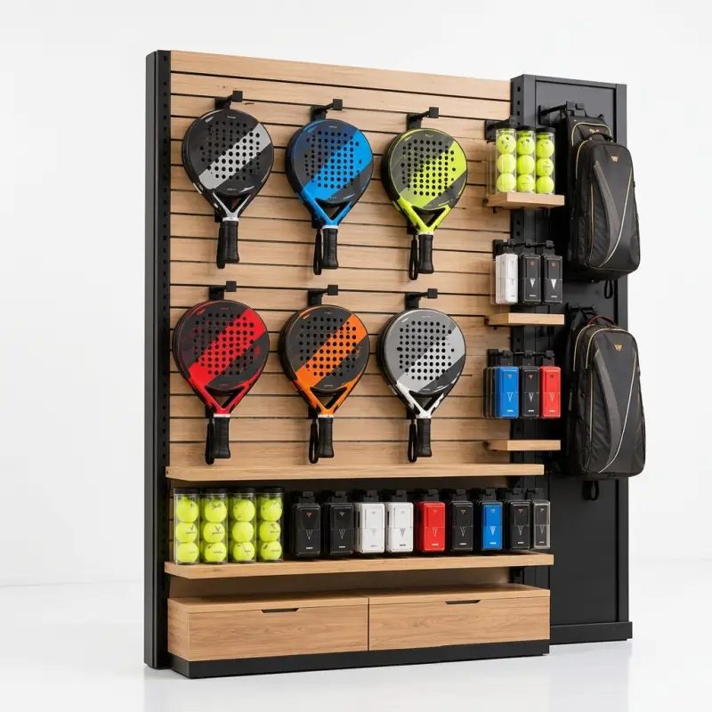 Rak Display Raket Padel Slatwall Panel Kayu dan Besi [5]