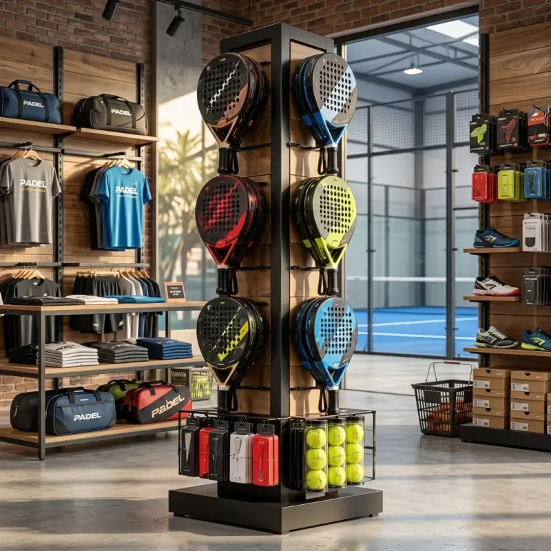 Rak Display Raket Padel Tower 4 Sisi Kayu dan Besi [2]