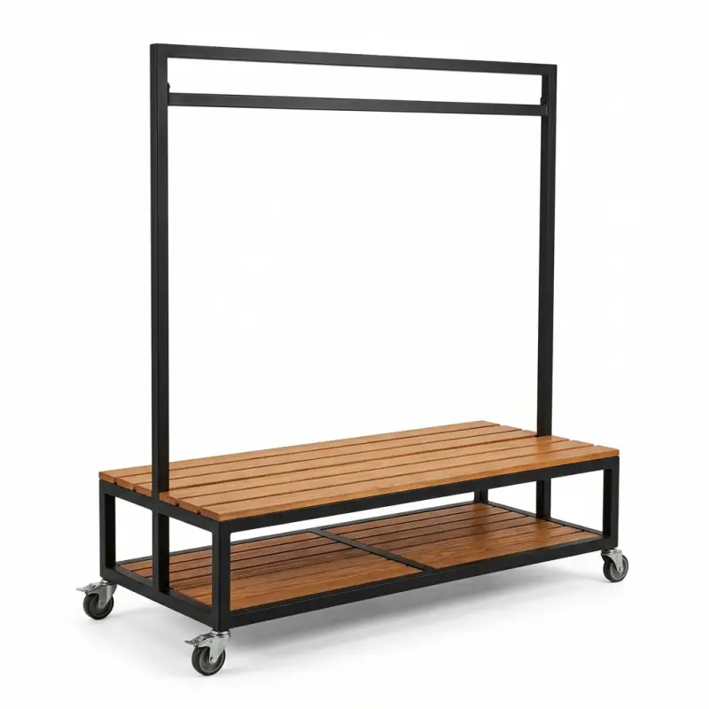 Rak Gantung Pakaian Industrial dengan Rak Display Kayu Beroda [5]