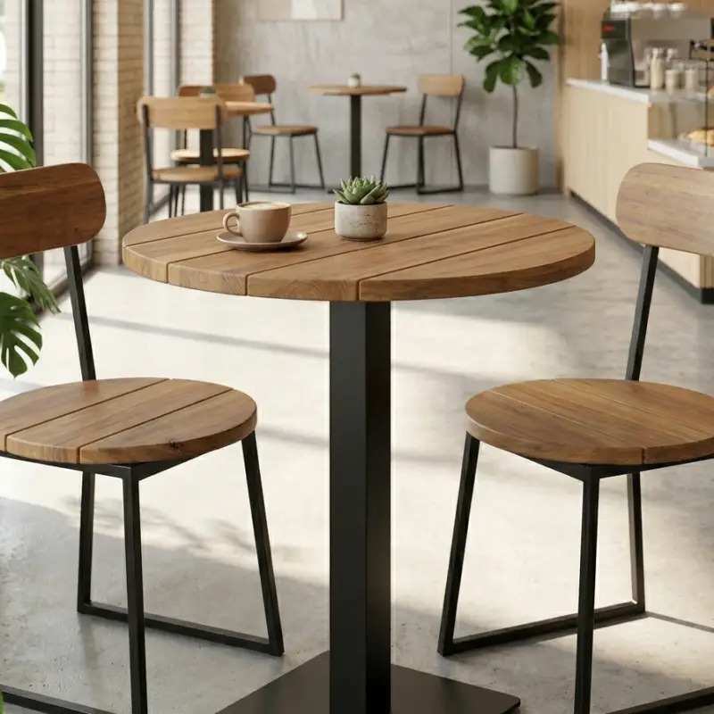 Set Meja Bulat Kaki Besi & Kursi Kayu Industrial untuk Cafe [2]