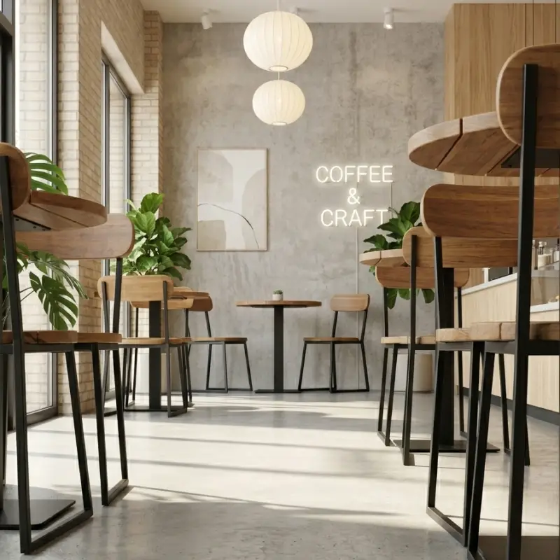 Set Meja Bulat Kaki Besi & Kursi Kayu Industrial untuk Cafe [3]