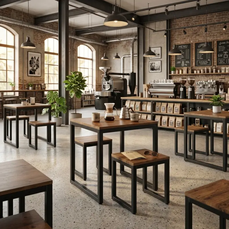 Set Meja Cafe dan Stool Industrial Rangka Besi Top Kayu [2]