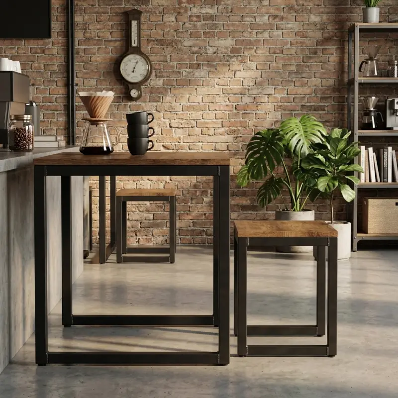 Set Meja Cafe dan Stool Industrial Rangka Besi Top Kayu [5]