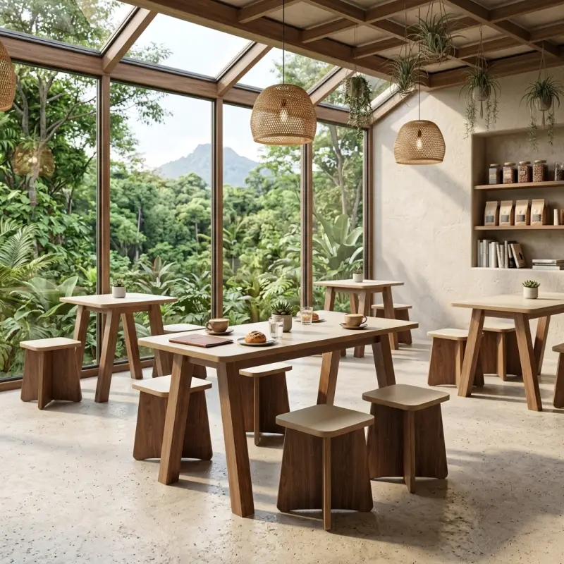 Set Meja Cafe dengan Stool Kayu Walnut Top Laminasi [2]