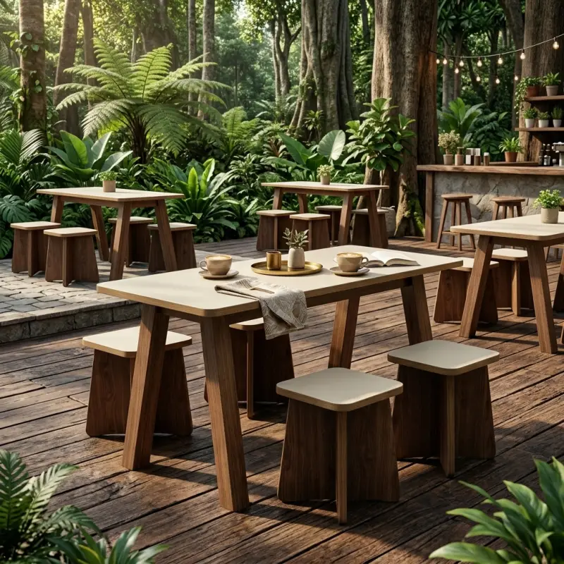 Set Meja Cafe dengan Stool Kayu Walnut Top Laminasi [4]