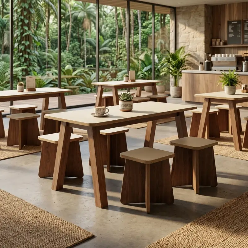 Set Meja Cafe dengan Stool Kayu Walnut Top Laminasi [5]