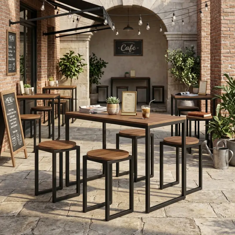 Set Meja Cafe Industrial dengan Stool Kayu [2]