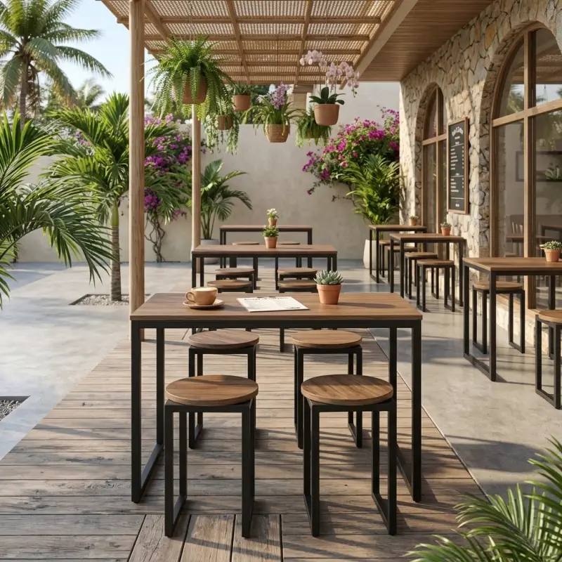Set Meja Cafe Industrial dengan Stool Kayu [3]