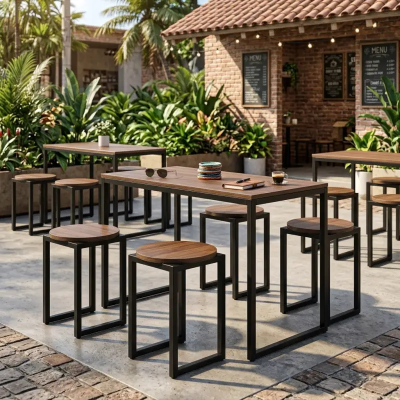 Set Meja Cafe Industrial dengan Stool Kayu [4]